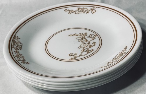VINTAGE Corelle Bread Plates 6.75 in ORIENTAL WOOD Brown Floral 5-Piece Set - Picture 2 of 4