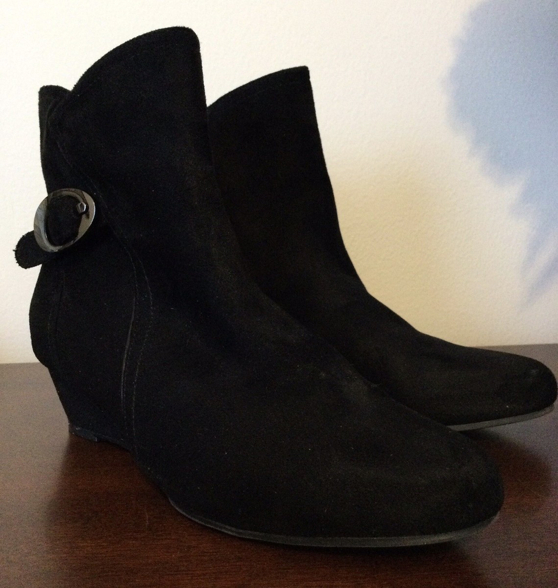 IMPO BLACK “SUEDE” GILLIANNA BOOTIES WITH BUCKLE DETAIL WEDGE HEEL SIZE 7M