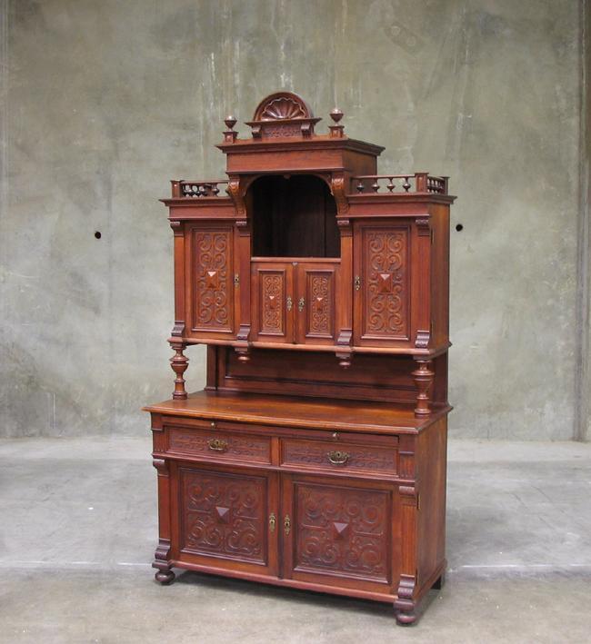 Antique German Heavy Oak Renaissance Style Sideboard Buffet Cabinet