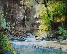 YARY DLUHOS Landscape River Forest Trees Sunlight Original Art Oil Painting