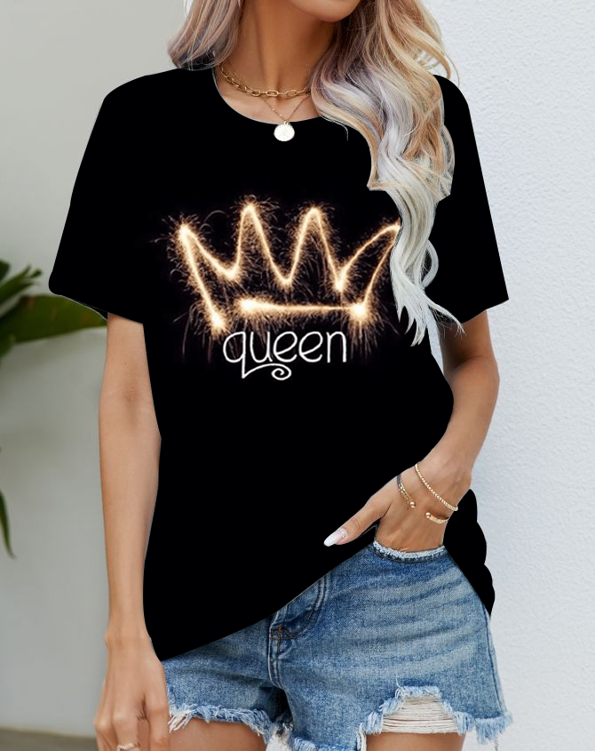 Blusa Camiseta Mujer Negro Reina Corona Gráfico Moda Manga Corta Sedoso  Suave