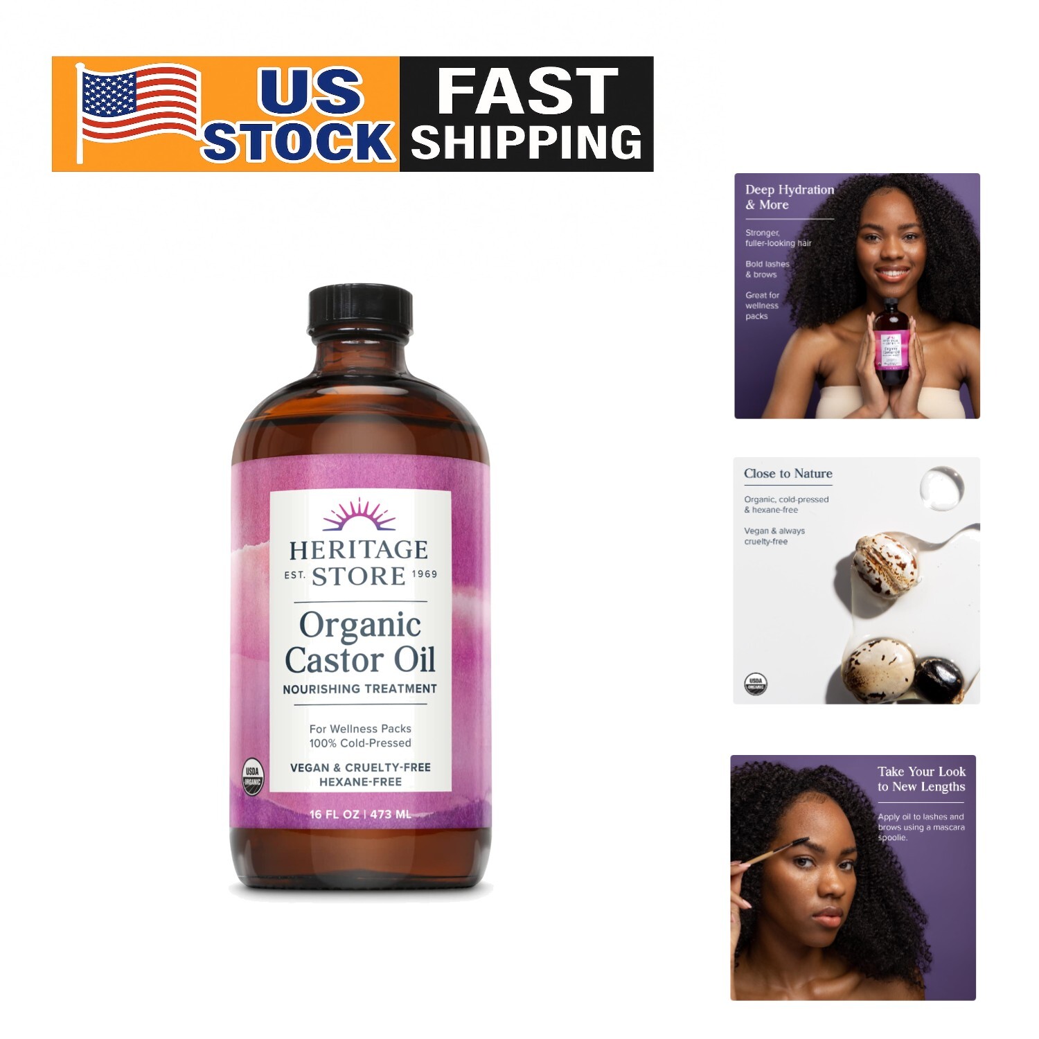 Cold Pressed Organic Castor Oil Hexane Free Hair Eyelash Growth 16oz