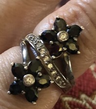 Sterling Silver Black Sapphire And Cubic Zirconia Floral Flower Ring