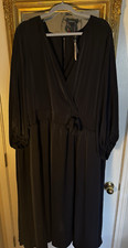 Torrid Black Dress Faux Wrap Tea Length VNeck  Size 28 Long Sleeve Stretchy Cute