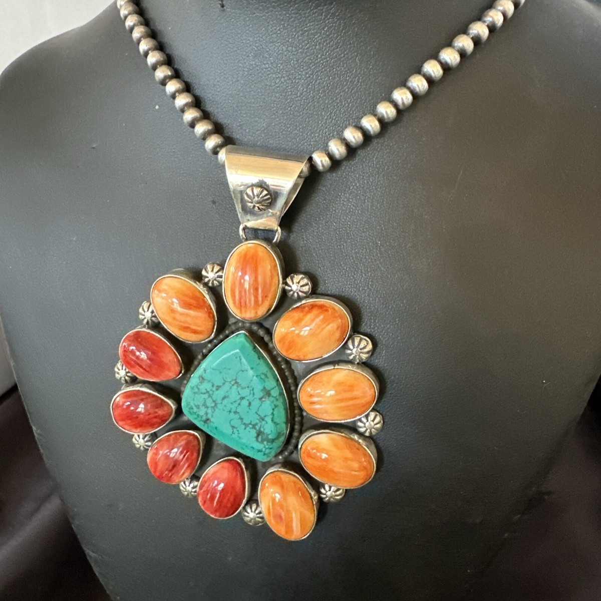 XL Turquoise Orange Spiny Cluster Pendant Navajo Sterling Silver