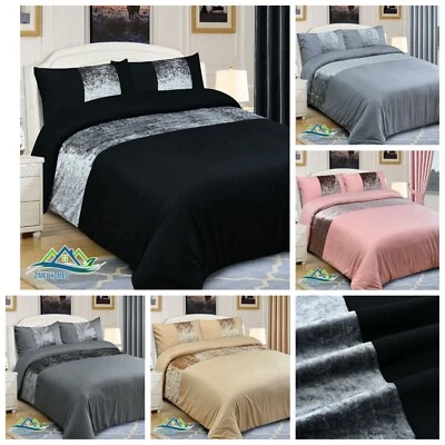 Crushed Velvet Panel Duvet Cover with Pillow Case Bedding Set Silver Grey Black