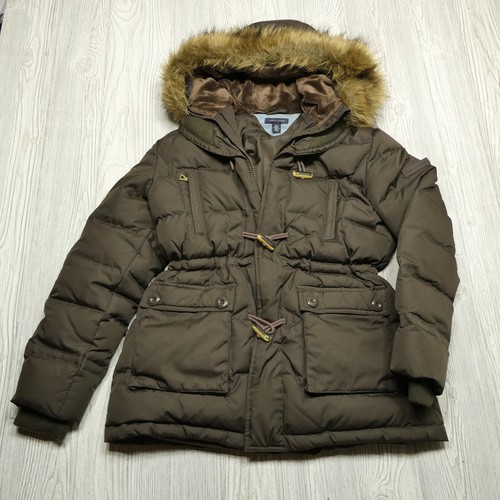 Tommy Hilfiger Down Coat Womens Small S/P Brown Faux Fur Trim Puffer Jacket
