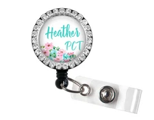 PCT Badge Reel Floral Rhinestone Personalized for Patient Care Tech - 600S