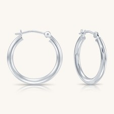 14K Solid White Gold Round Hoop Earrings 2mm Tube Polished   12mm to 50mm Sizes