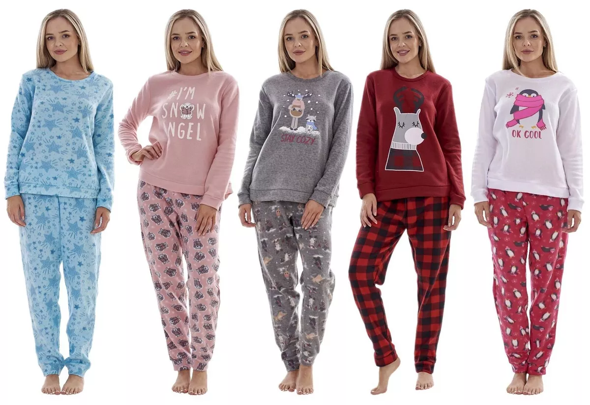 Ladies Fleece Pyjamas Printed Winter Soft Warm Crew Neck Gift PJ S