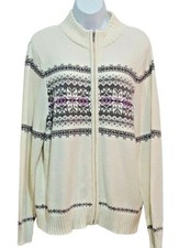 Vintage Grandpa Cardigan Sweater XL Ivory Nordic Fair Isle Snowflake Zip Up