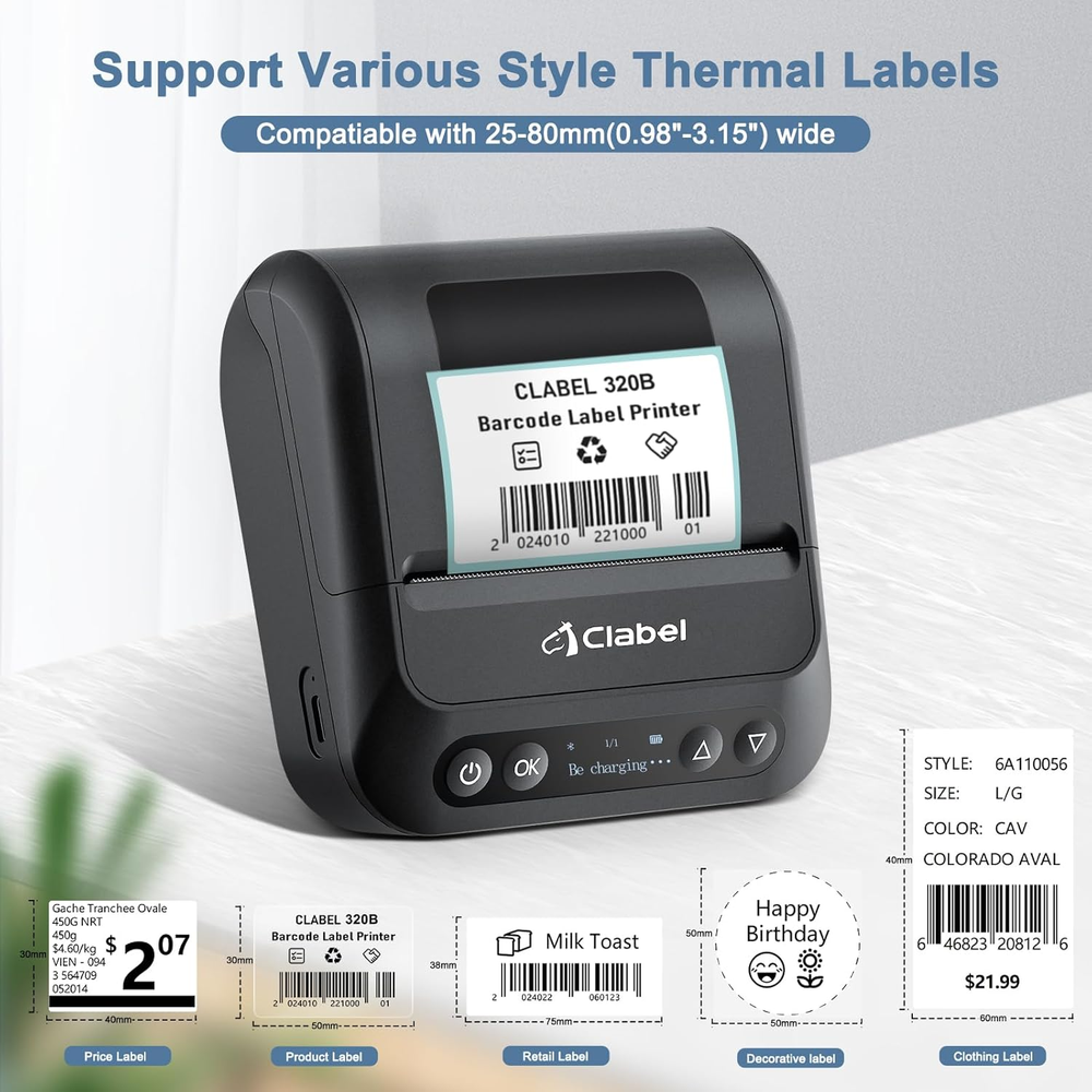 Bluetooth Barcode Label Maker 320B Thermal Printer for iOS Android Devices