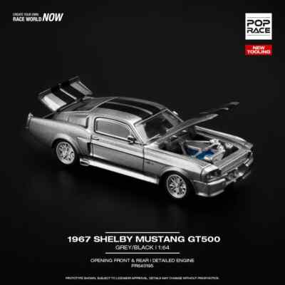 Pop Race 1:64 1967 Ford Shelby Mustang GT500 Grey/Black Diecast