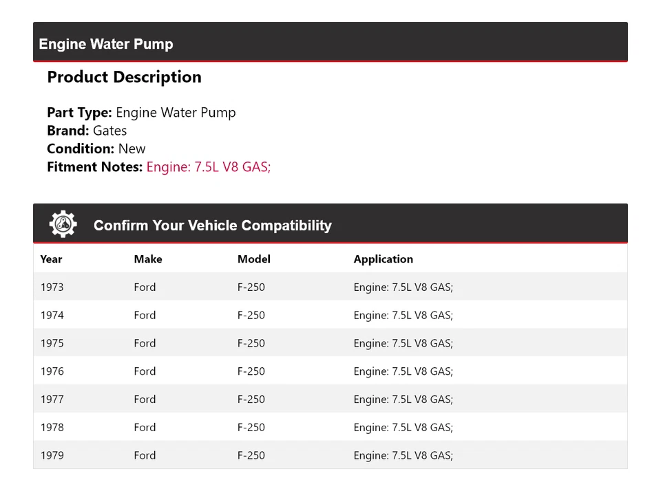 Para Ford F-250 1973-1979 7,5 L V8 motor de gas bomba de agua puertas 1974 1975 1976 1977 Foto 2 de 4