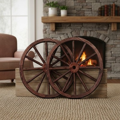 Set of 2 Vintage Wood Garden Wagon Wheels, Rustic Decor (Brown, 12 Inch)