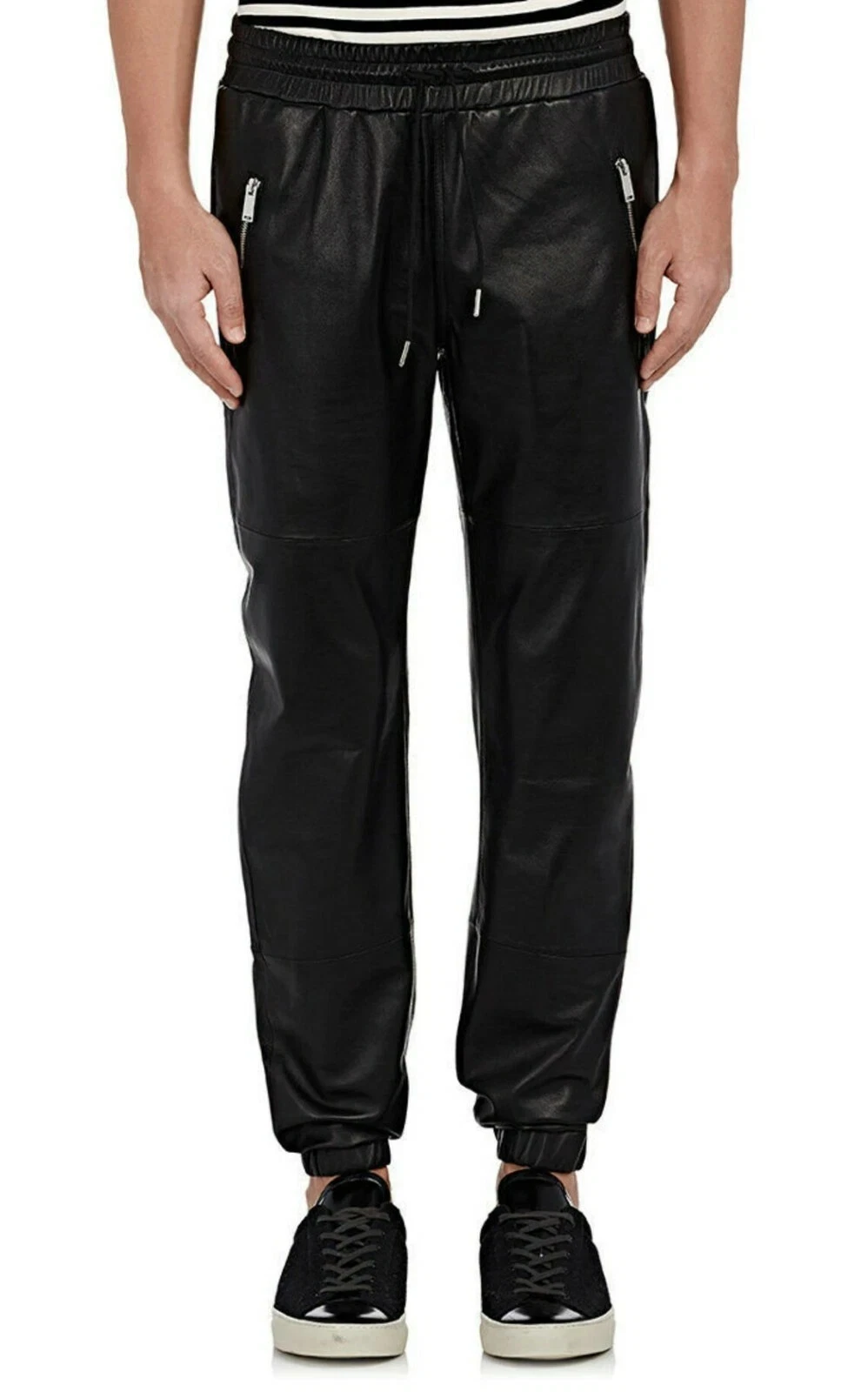 ELEGANT New Men's Black Leather Joggers Pant Pure Sheepskin Causal Slim Fit Pant