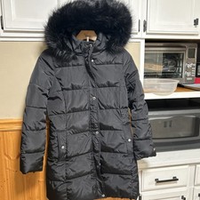 Women  s Tommy Hilfiger Mid Length Hooded Winter Jacket Black Medium Size