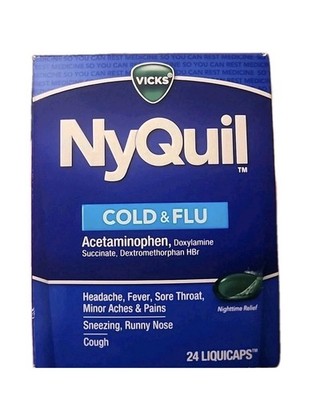 Vicks NyQuil Cold & Flu Nighttime Relief Liquicaps 24 Count   Exp 07/2027
