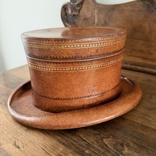 Vintage 80s Maitland Smith Leather Top Hat Box Brown Gold Star Tooling 12"