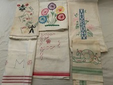 6 Vintage Kitchen Dish Tea Towels Hand Embroidered Mixed Lot Various Designs