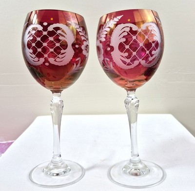 Vintage Ruby Flash Etched Wine Glasses Floral Cut Goblets 8 in