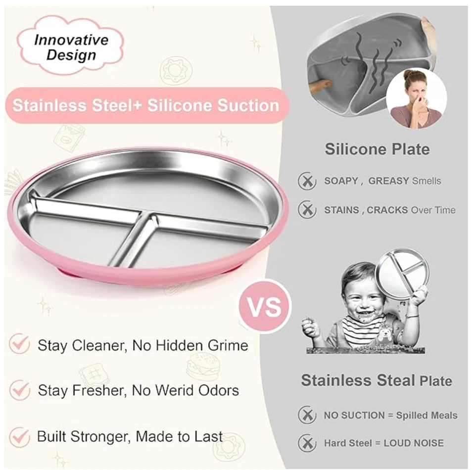 Platos de succión de silicona de acero inoxidable para niños pequeños, 3 paquetes de platos antideslizantes para bebés, Div Foto 2 de 4