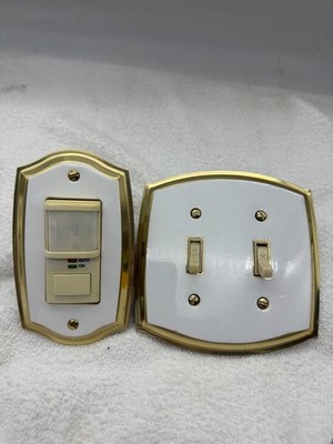 Vintage MCM Brass Tone Light Switch Plates White Double & Motion Sensor Set