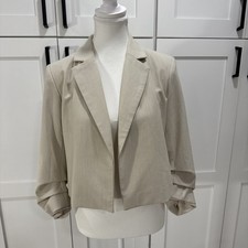 NWT Rachel Zoe Women Notched Open 3/4 Ruched Sleeve Cropped Blazer Size S Beige