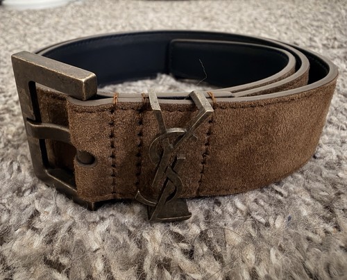 Authentic Saint Laurent Cassandre Suede Leather Brown Belt Size 75 CM YSL