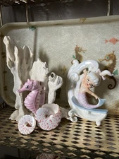 Vtg Norcrest Mermaid W/Pink Tail Surfing On Big Wave Figurine/Wall Plaque, MINTY