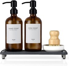 2 Pack Kitchen Soap Dispenser Set - 16oz Amber Glass Dish and Hand Soap