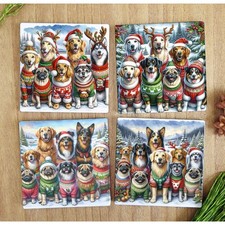 Weihnachten Hundeuntersetzer 4er Set - Festliche Hunde im Pullover Design