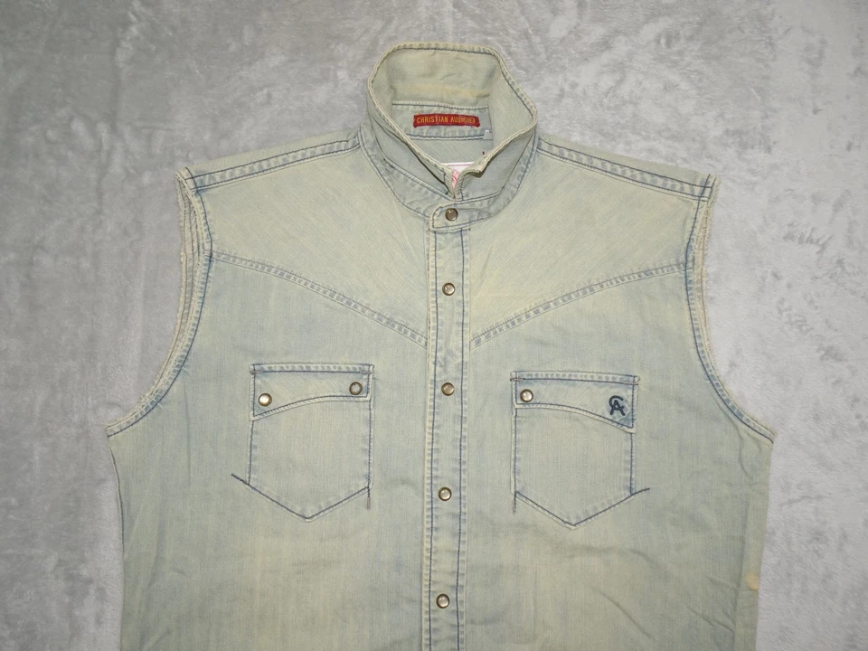 Camisa vaquera Christian Audigier perla a presión sin mangas XL azul motociclista ropa occidental Foto 2 de 4
