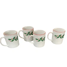 Vintage Set of 4 Christmas Mugs  The Cellar Macy's & Co 1986 Holly Cups J-9713