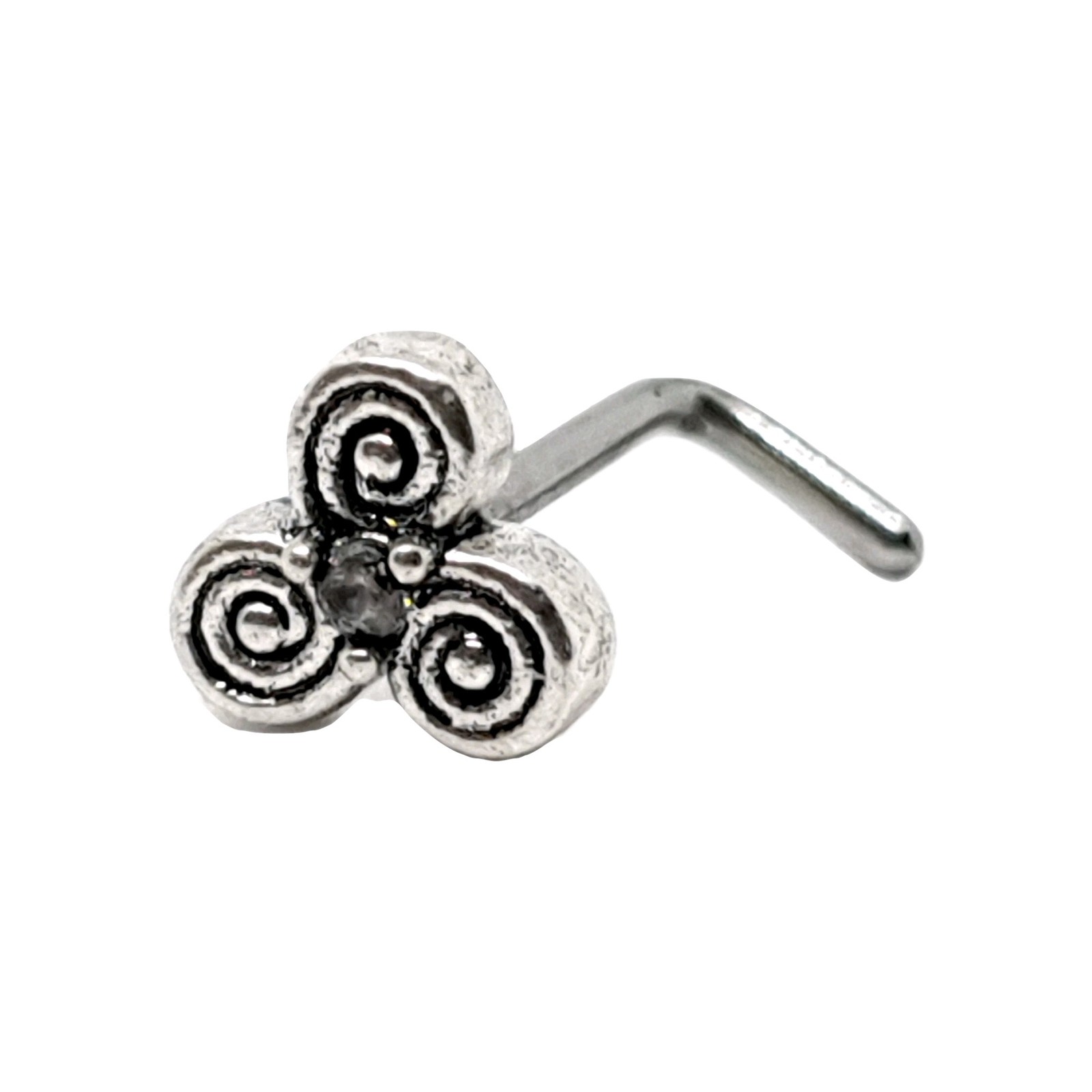 Nose Stud Triskele Triskelion Clear CZ Center 20g (0.8mm) 316L Steel L Bent