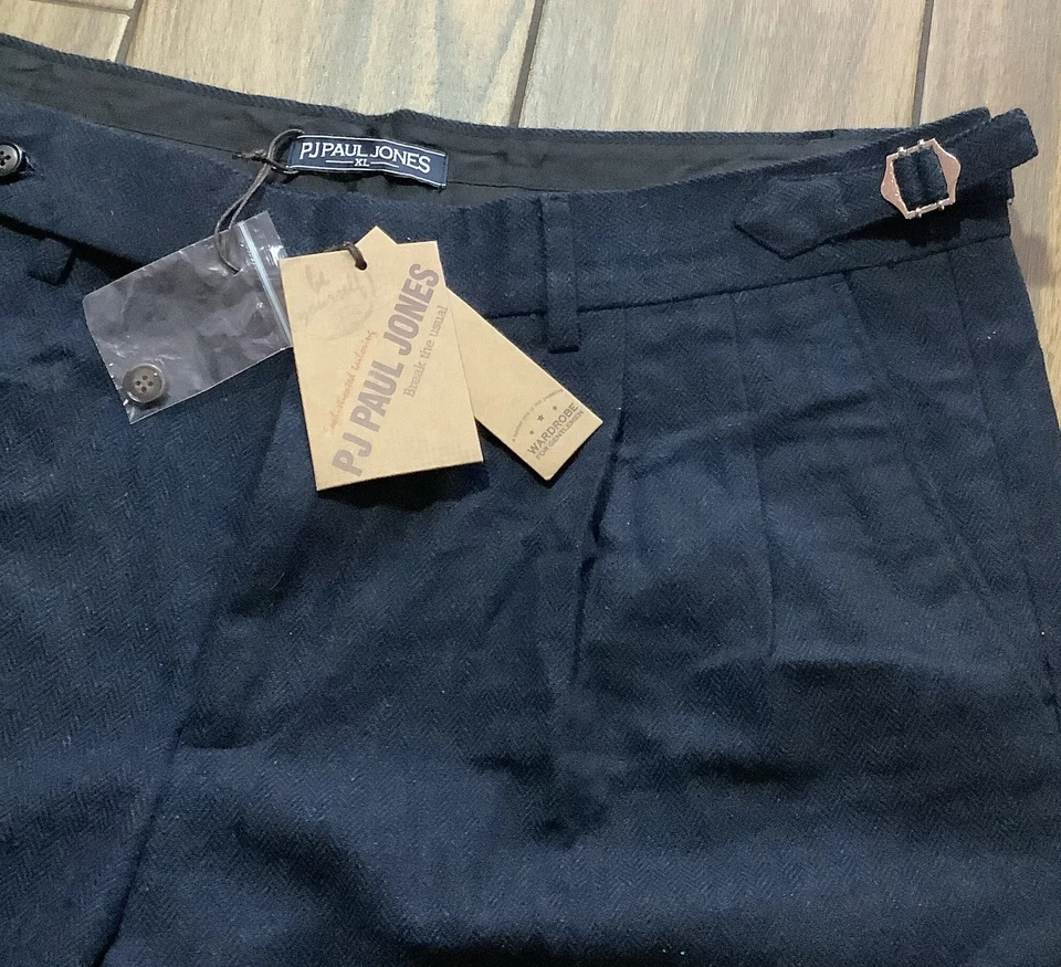 PJ Paul Jones 羊毛混纺裤子男式 XL 码粗花呢人字形深海军蓝 — 第 2/4 张图片