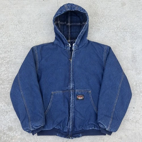 Rasco FR Blue Denim Jacket Large Carhartt-Style A$AP Plaid Lined Hooded Work - product listing photo