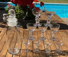 Rare Heisey Glass Rooster Head 3 Part  Cocktail Shaker & 9 Matching Glasses EXC!
