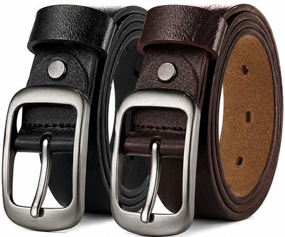 Women's Genuine Leather Belt 2-Pack   Classic Buckle, Black & Brown, Sizes 28-46