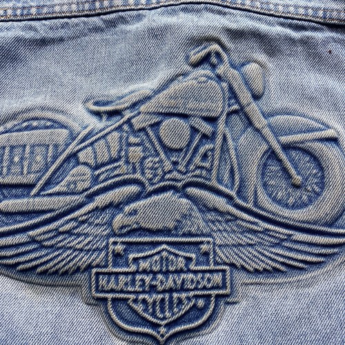 Vintage Harley Davidson Embossed Kids Youth Denim Jean Jacket Sz L Blue Wash - Picture 6 of 9