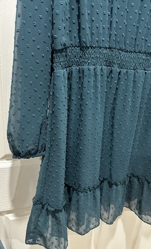 Women’s M/18 Teal Dot Chiffon Dress Long Sleeve Ruffle Hem Boho Vintage Look - Picture 3 of 14