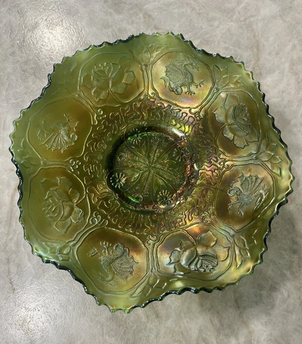 Vintage Fenton Dragon & Lotus Carnival Glass Marigold 8in Scalloped Ruffled Bowl