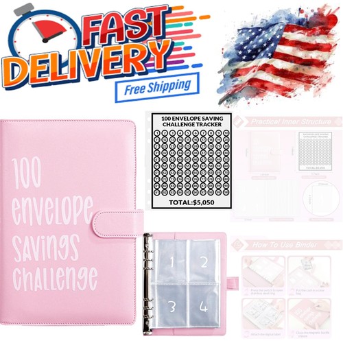 100 Envelopes Money Saving Challenge Binder Budget Book Cash Organizer Pink