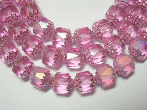 25 Pink Apollo with pink ends Cathedral Czech Glass 8mm beads