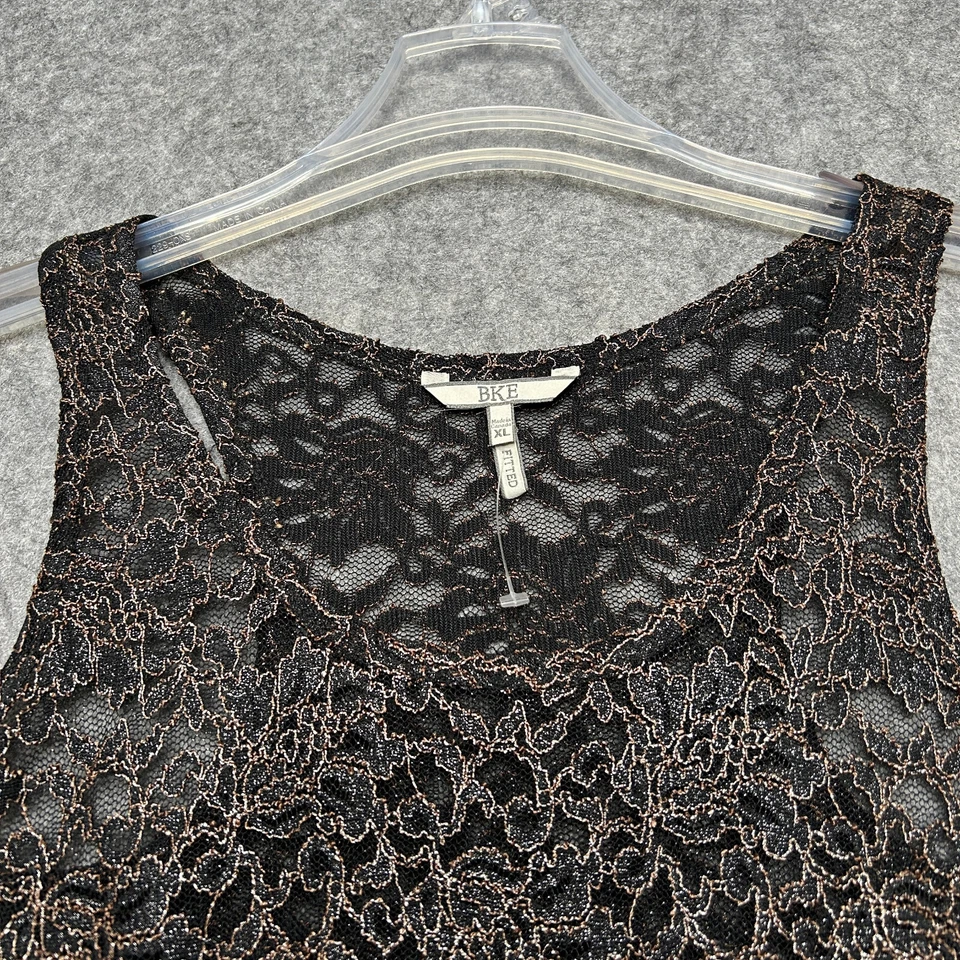 Camiseta sin mangas BKE para mujer XL negra marrón dorada capa de encaje transparente ajustada gótica elástica divertida Foto 3 de 4