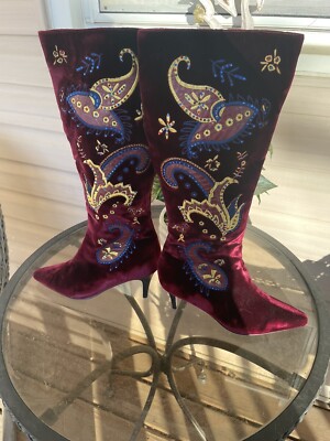 Dg2 Diane Gilman Velvet High Heel Boots-maroon Zip Beaded