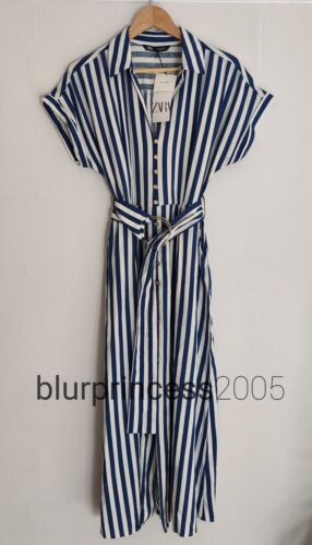 ZARA Dress Linen Shirt Midi Striped Belt Blue White XS S M L Cotton Blend Long - Afbeelding 1 van 20