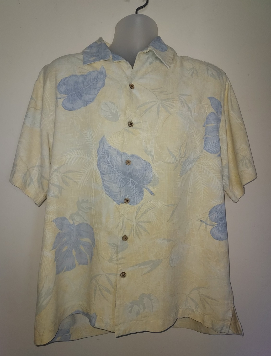 Caribbean Joe  Silk Shirt Mens Medium Short Sleeve Button Down Yellow with Blue