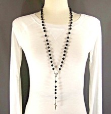 Collar largo cruz plata rosario cuentas cristal imitación perla negro 30"