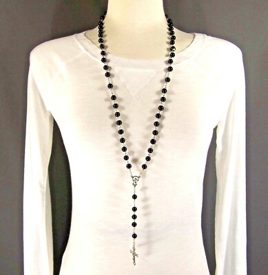Black faux pearl glass bead beaded rosary silver cross 30'' long necklace